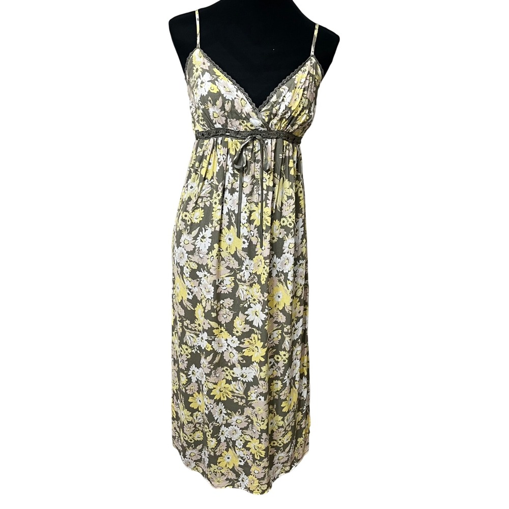 Stitch & Pine Women's Olive Green Floral Crinkle‎ Rayon Maxi Dress Medium Boho